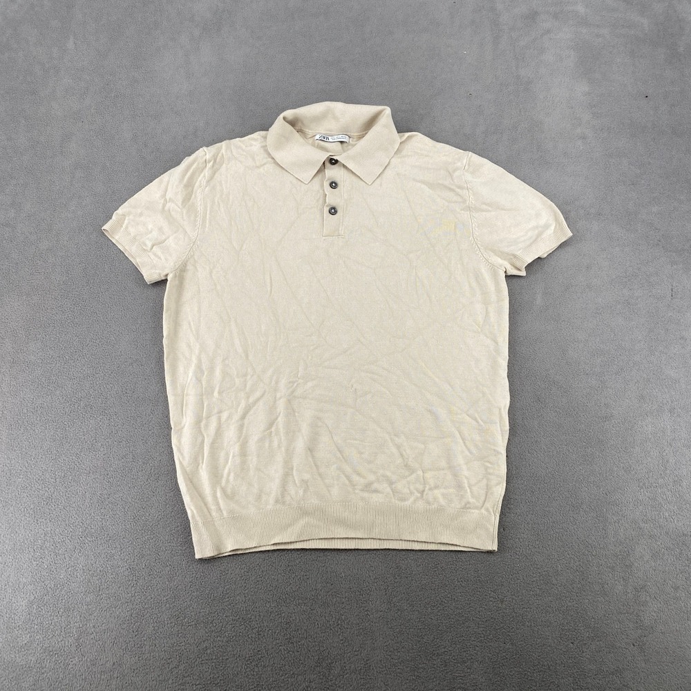 Zara Mens Knit Polo Shirt Beige Tan Short Sleeve Button Up Size Large 7223